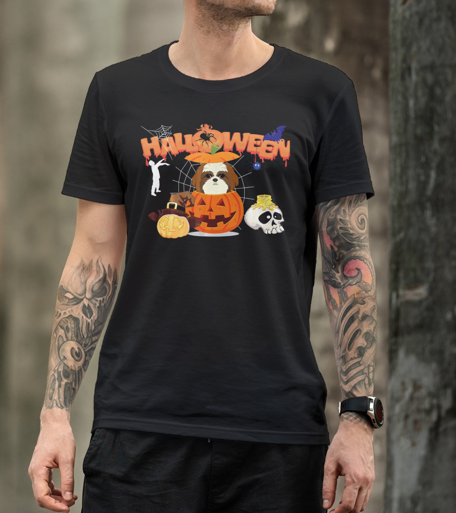 Halloween Shih Tzu Dog Pumpkin Witch Skull Zombie T-Shirt