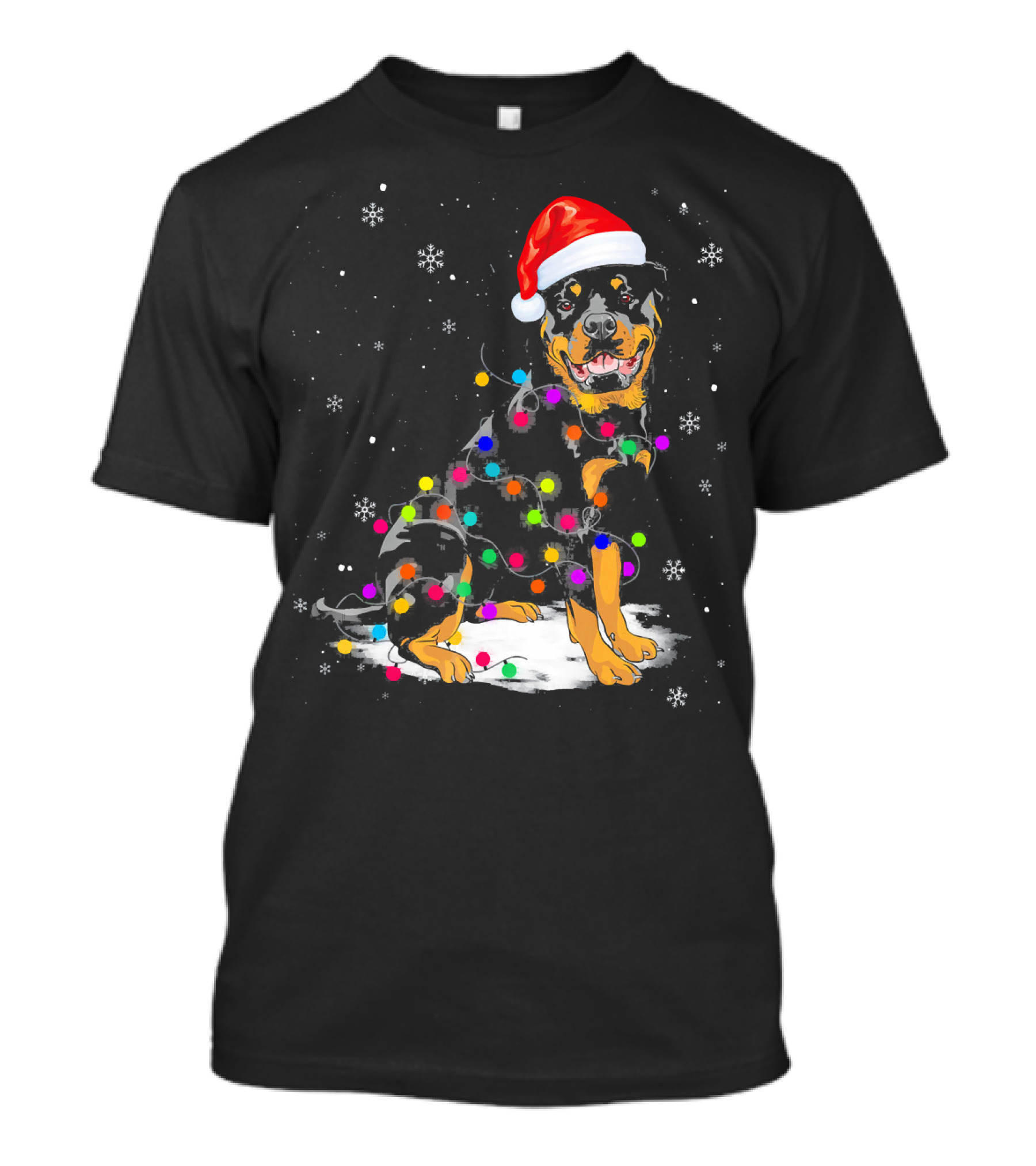 Rottweiler Wearing Santa Hat Wrapped In Colorful Christmas Lights With Snowflakes T-Shirt