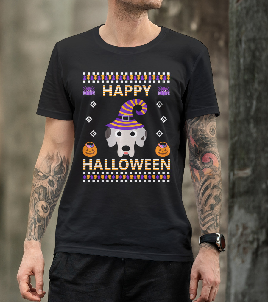 Happy Halloween Great Dane In Witch Hat With Pumpkins T-Shirt