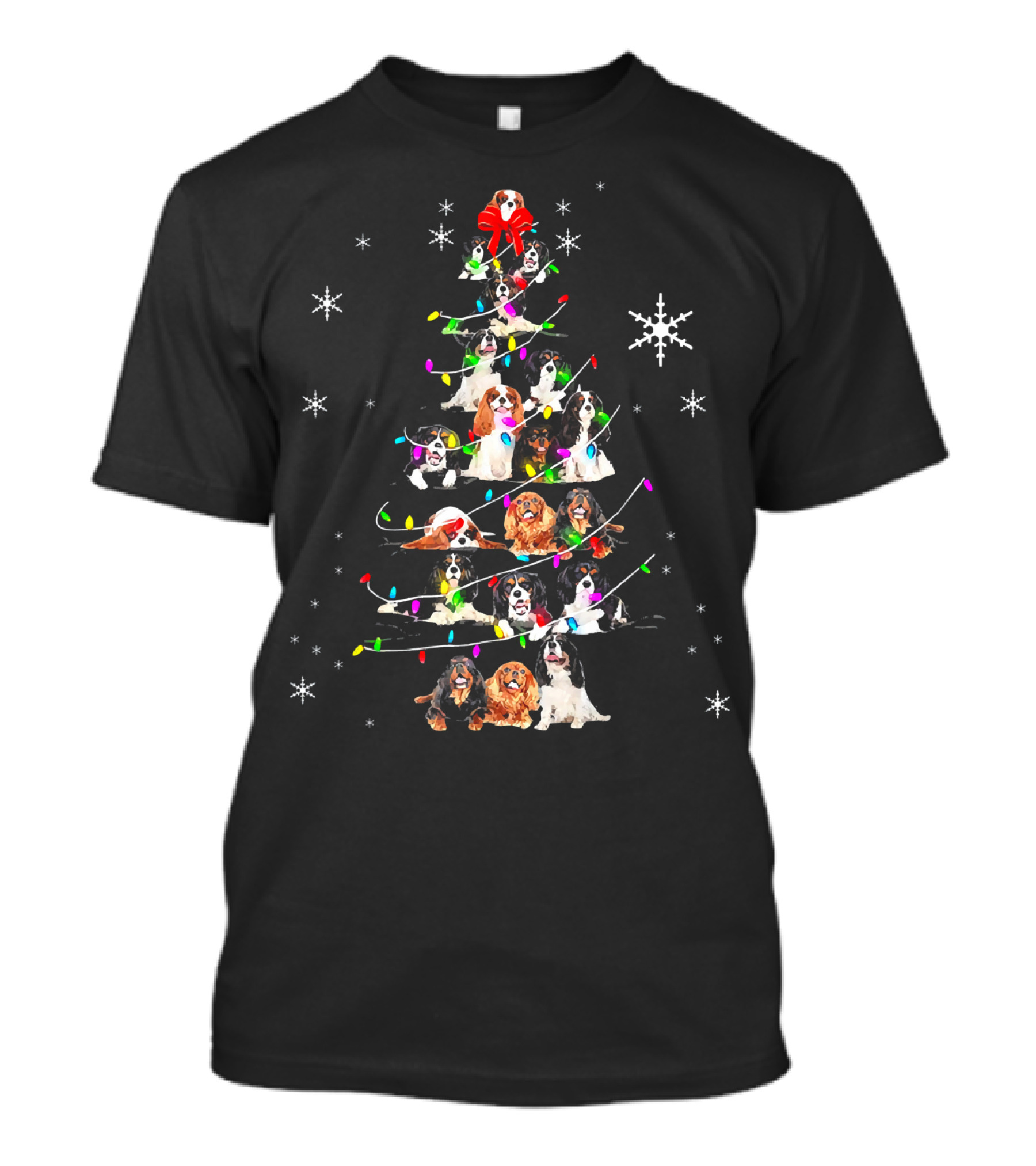 Cavalier King Charles Spaniel Christmas Tree With Colorful Lights And Snowflakes T-Shirt