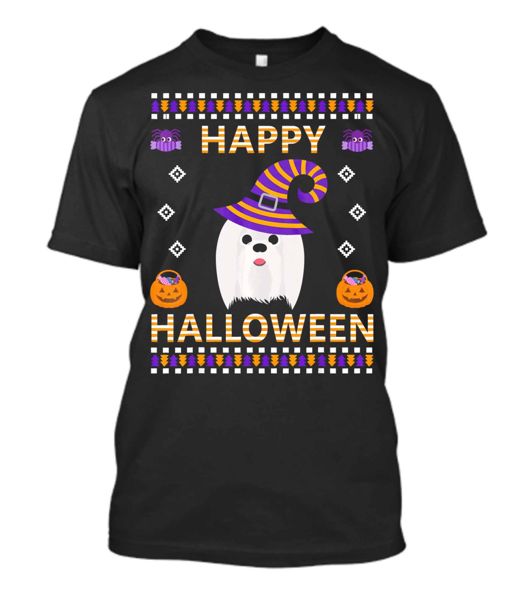Happy Halloween Maltese Dog With Witch Hat And Pumpkins T-Shirt