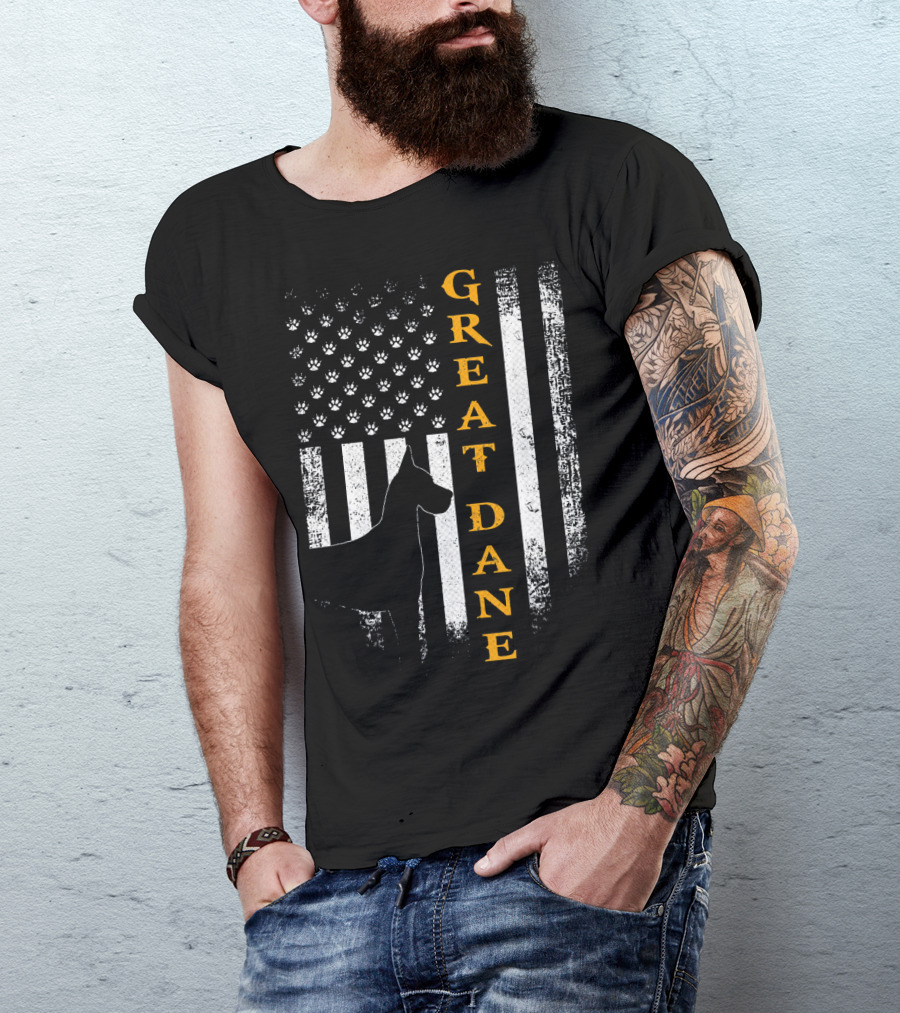Vintage USA Great Dane Dog American Flag Paw Prints T-Shirt