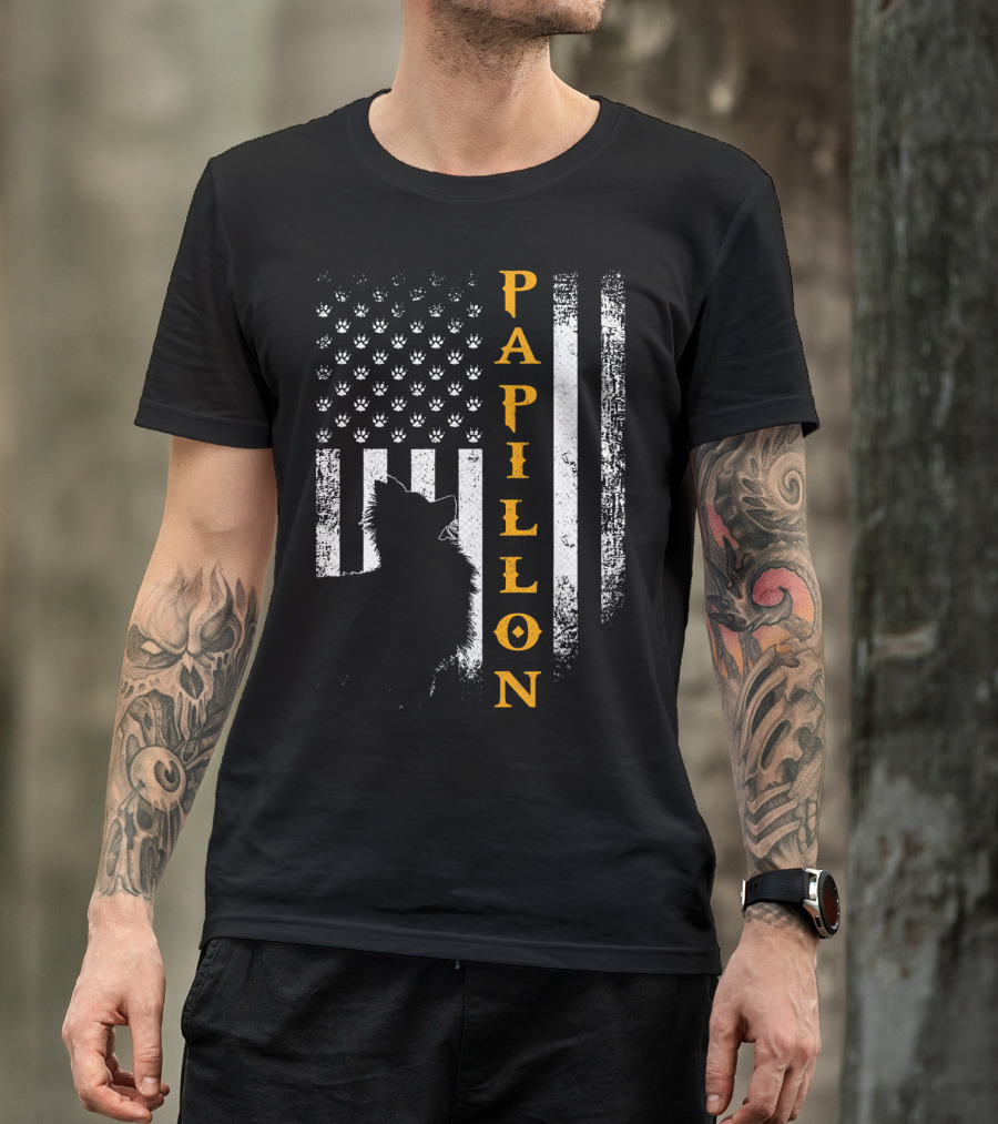Vintage USA Papillon Dog American Flag Paw Prints T-Shirt