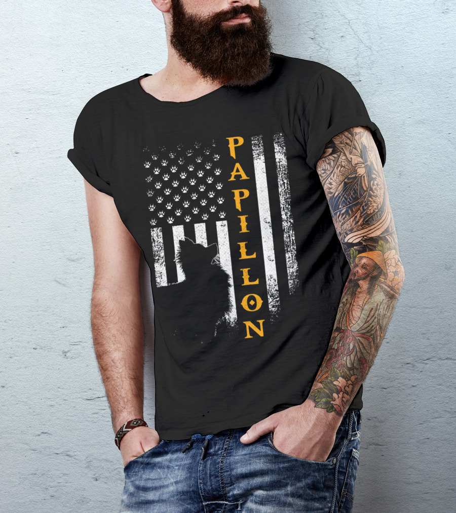 Vintage USA Papillon Dog American Flag Paw Prints T-Shirt
