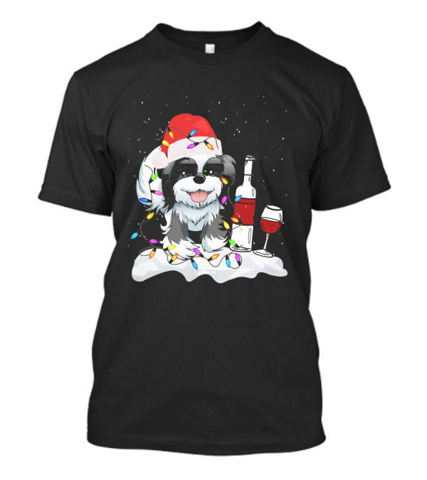 Shih Tzu Dog Christmas Lights Wine Bottle Santa Hat T-Shirt