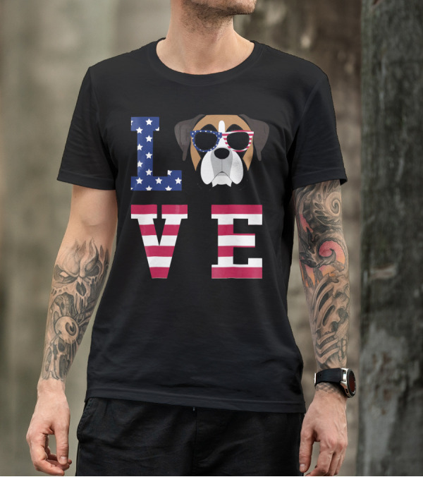Boxer Dog Love Stars Stripes 4th Of July T-Shirt