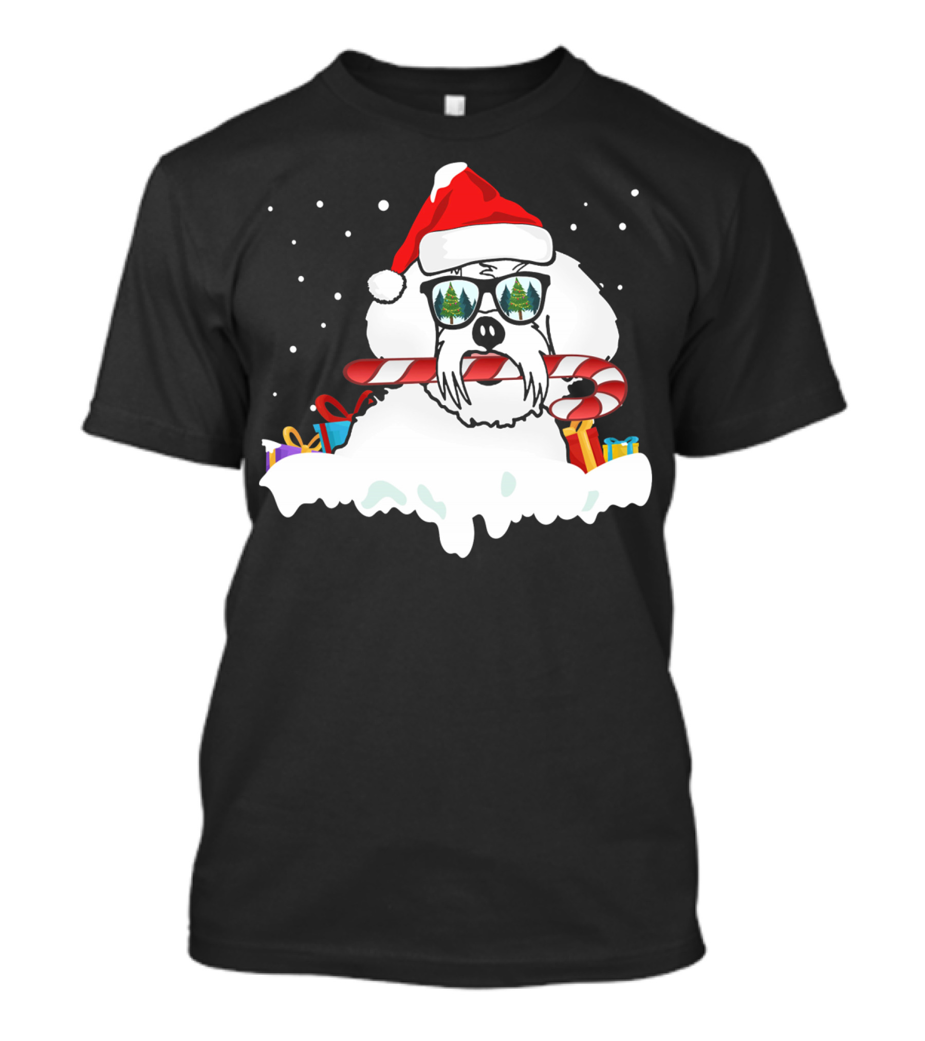 Santa Hat Sunglasses Candy Cane Maltese Dog With Gifts T-Shirt