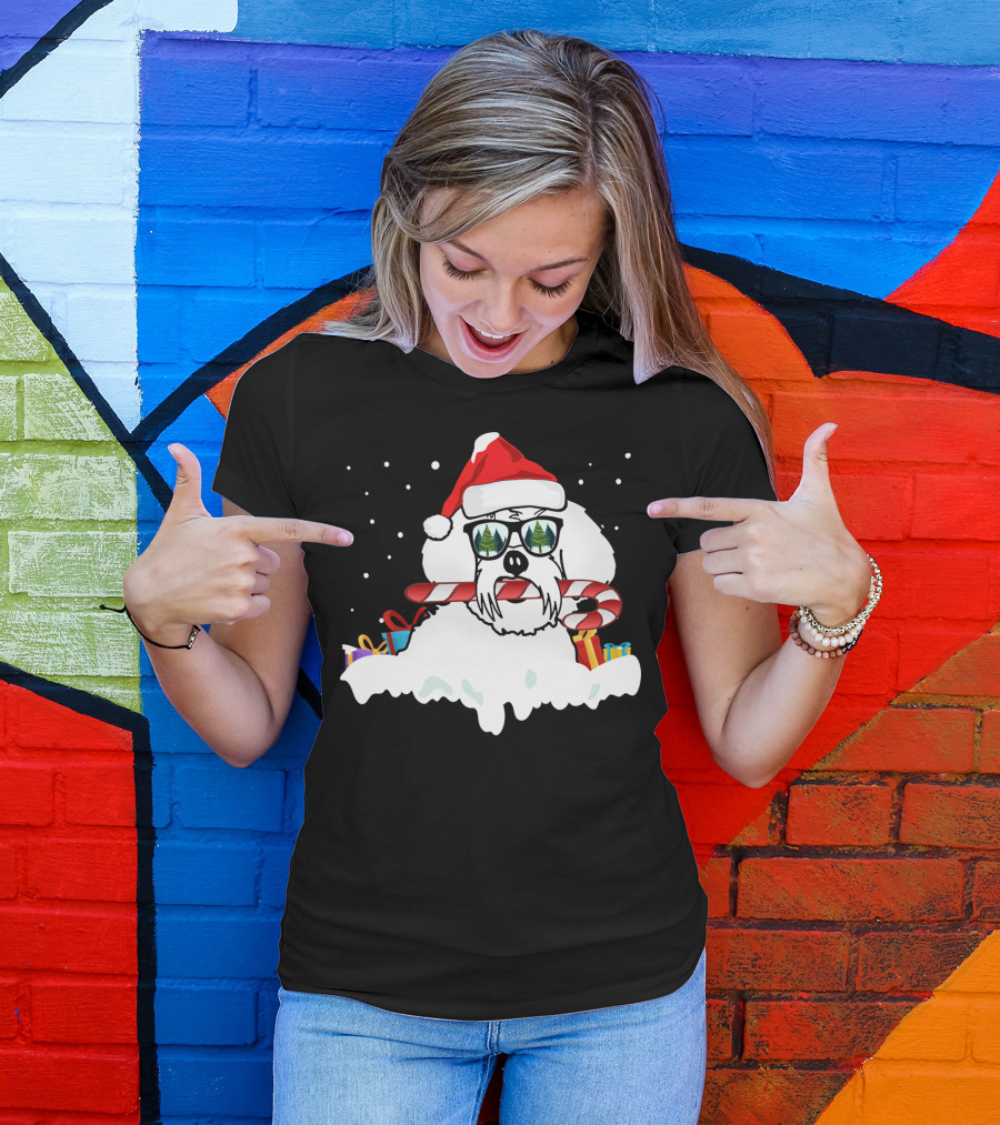 Santa Hat Sunglasses Candy Cane Maltese Dog With Gifts T-Shirt