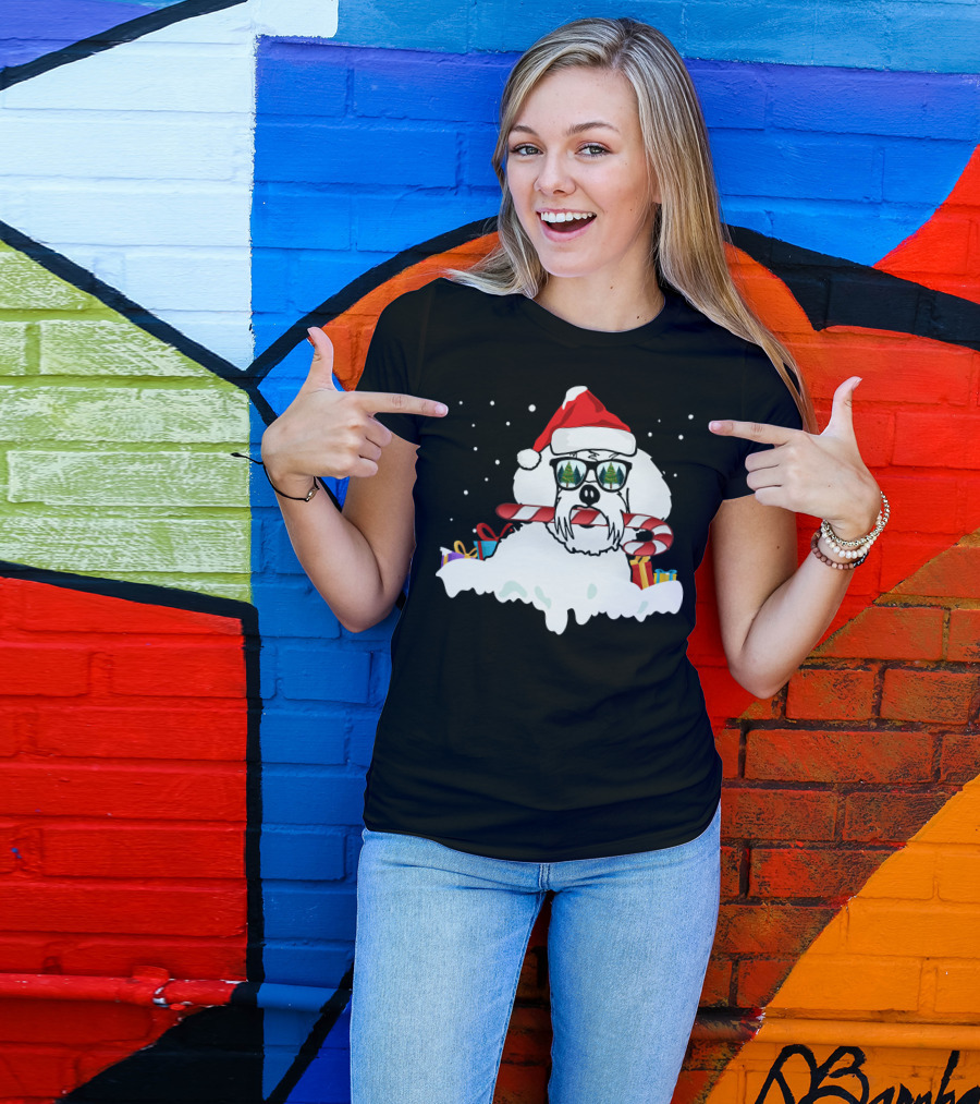 Santa Hat Sunglasses Candy Cane Maltese Dog With Gifts T-Shirt