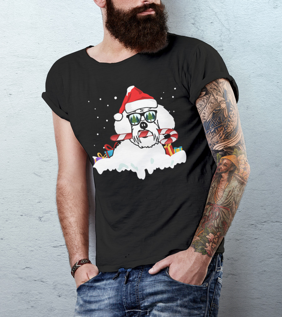 Santa Hat Sunglasses Candy Cane Maltese Dog With Gifts T-Shirt