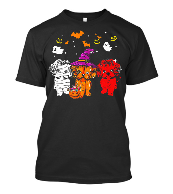 Three Shih Tzu Dogs Halloween Ghosts Bats Pumpkins T-Shirt