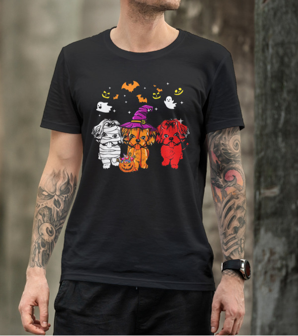 Three Shih Tzu Dogs Halloween Ghosts Bats Pumpkins T-Shirt