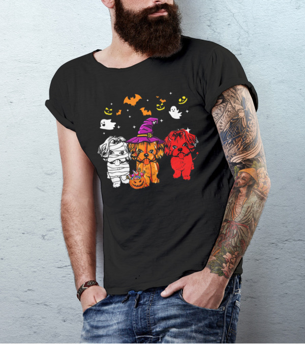 Three Shih Tzu Dogs Halloween Ghosts Bats Pumpkins T-Shirt