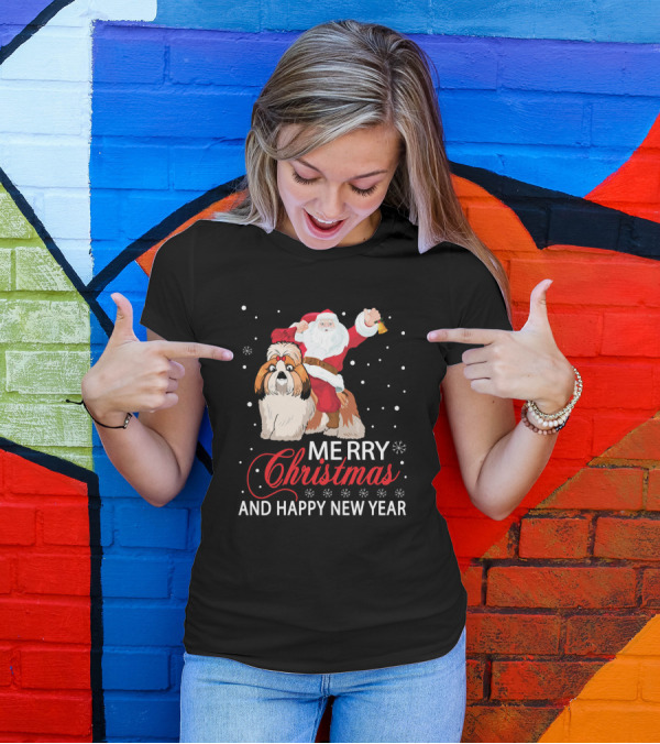 Santa Riding Shih Tzu Merry Christmas And Happy New Year T-Shirt