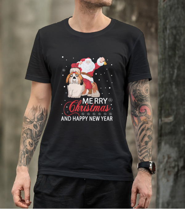 Santa Riding Shih Tzu Merry Christmas And Happy New Year T-Shirt