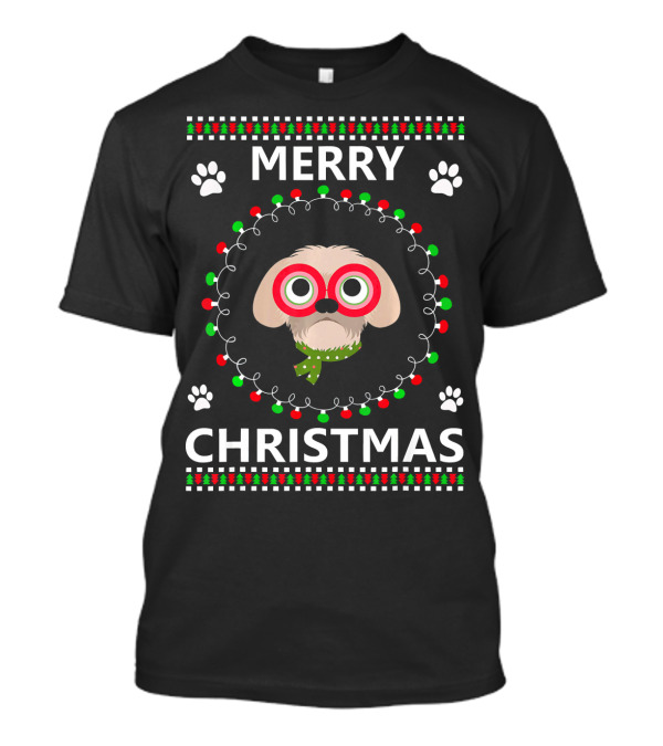 Merry Christmas Short Haired Shih Tzu With Red Glasses And Holiday Lights T-Shirt