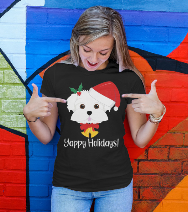 Yappy Holidays Cute Funny Maltese Dog In Santa Hat With Holly T-Shirt