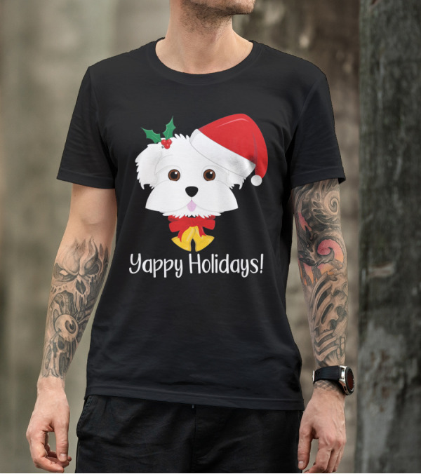 Yappy Holidays Cute Funny Maltese Dog In Santa Hat With Holly T-Shirt