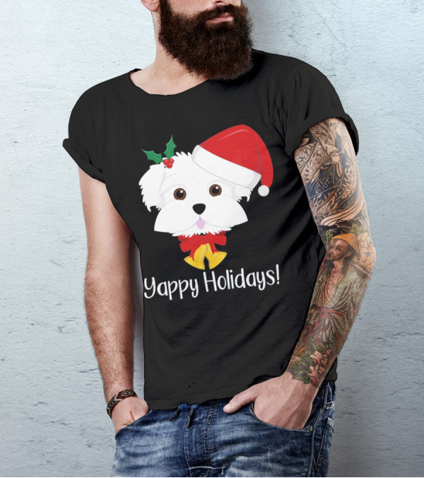 Yappy Holidays Cute Funny Maltese Dog In Santa Hat With Holly T-Shirt