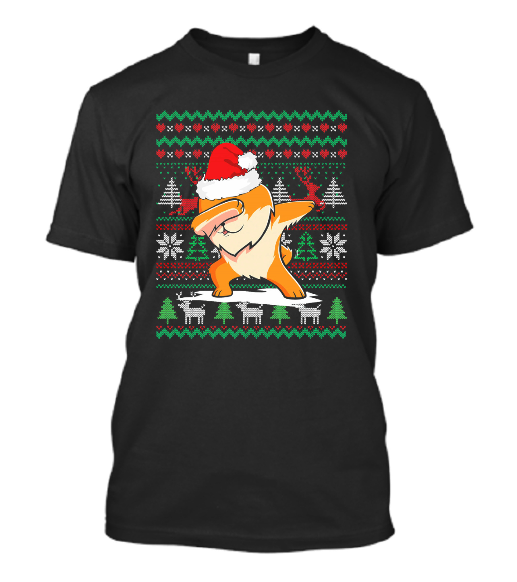 Ugly Christmas Pomeranian Dog Dabbing Santa Hat Reindeer Snowflakes Trees T-Shirt