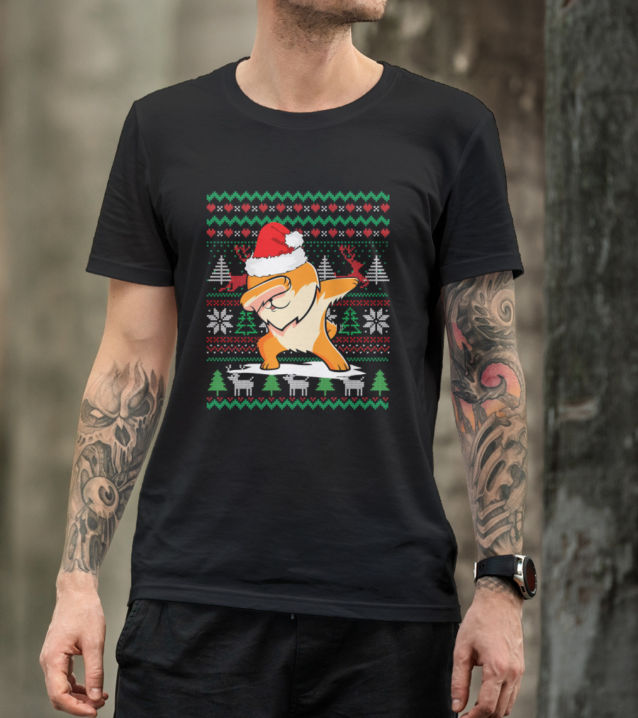 Ugly Christmas Pomeranian Dog Dabbing Santa Hat Reindeer Snowflakes Trees T-Shirt