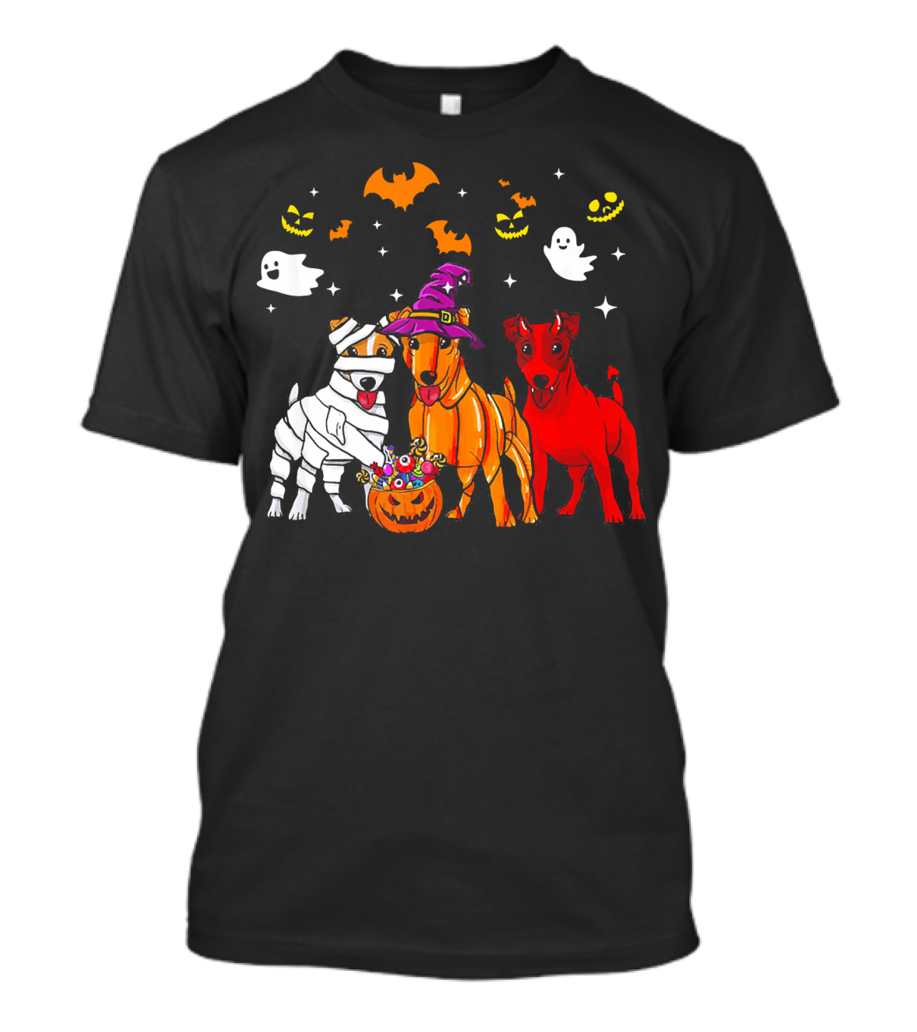 Three Jack Russell Dogs Halloween Costumes Bats Ghosts Pumpkins T-Shirt