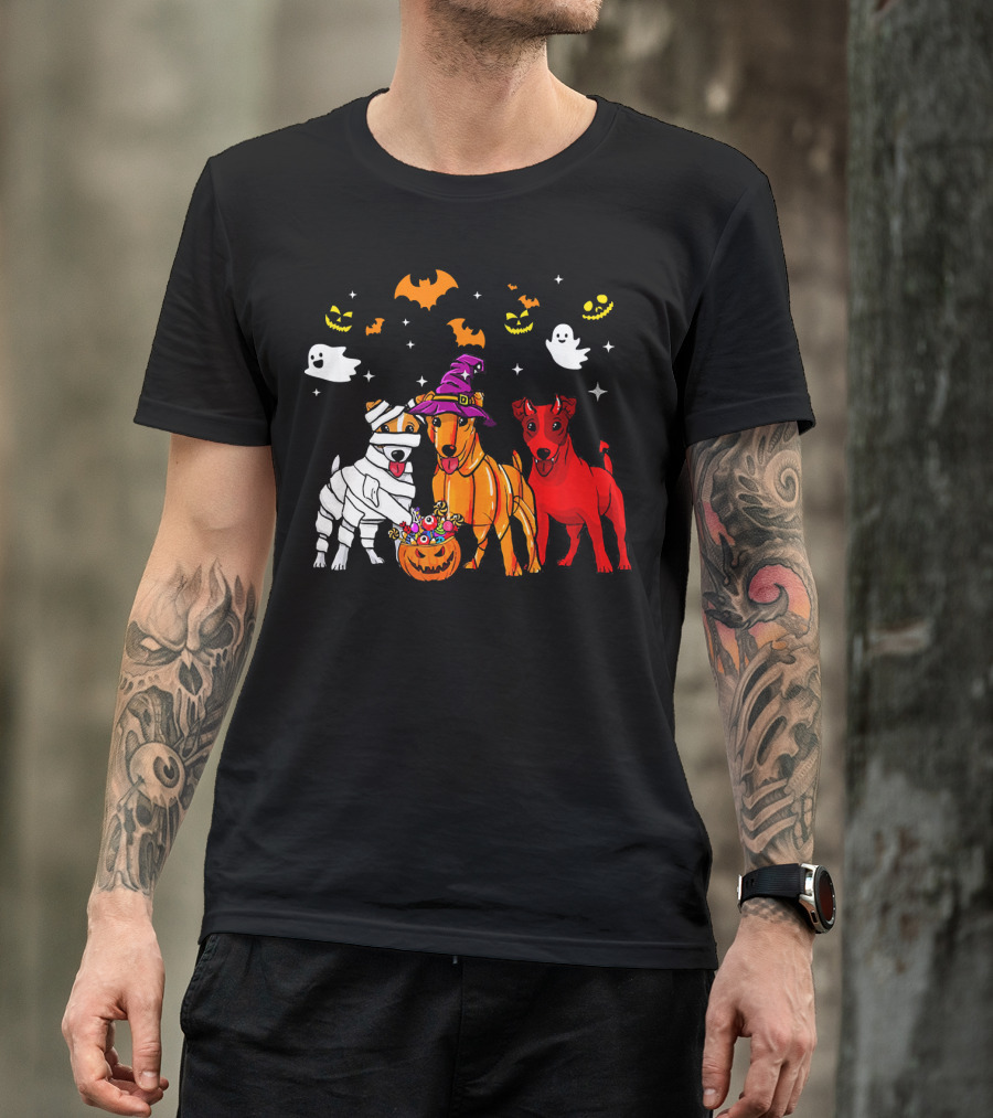 Three Jack Russell Dogs Halloween Costumes Bats Ghosts Pumpkins T-Shirt