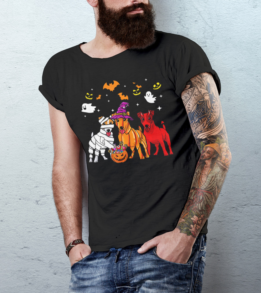 Three Jack Russell Dogs Halloween Costumes Bats Ghosts Pumpkins T-Shirt