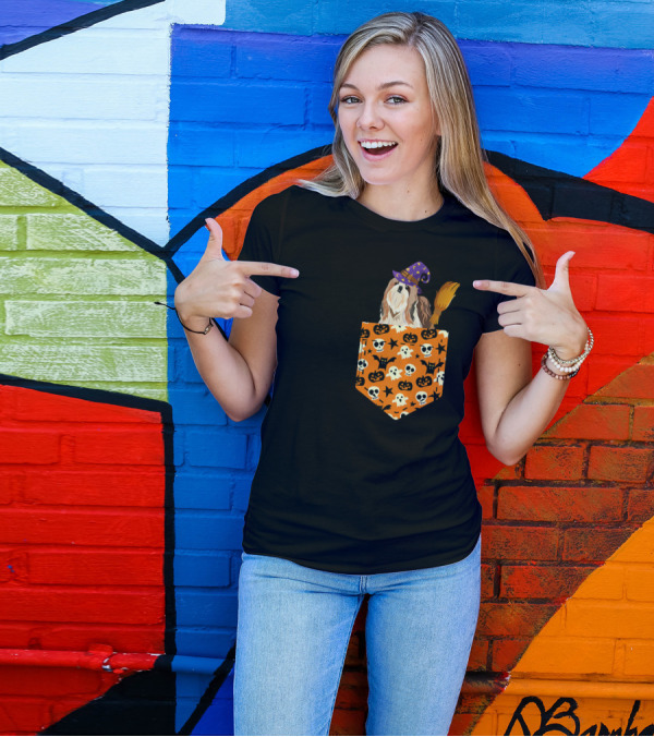 Cute Shih Tzu Pumpkin Pocket Halloween Witch Dog Broom Skulls Bat T-Shirt