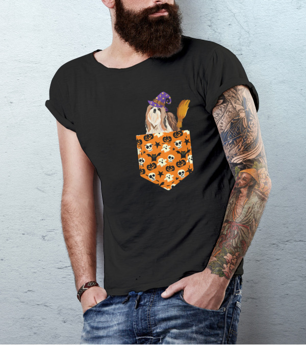 Cute Shih Tzu Pumpkin Pocket Halloween Witch Dog Broom Skulls Bat T-Shirt