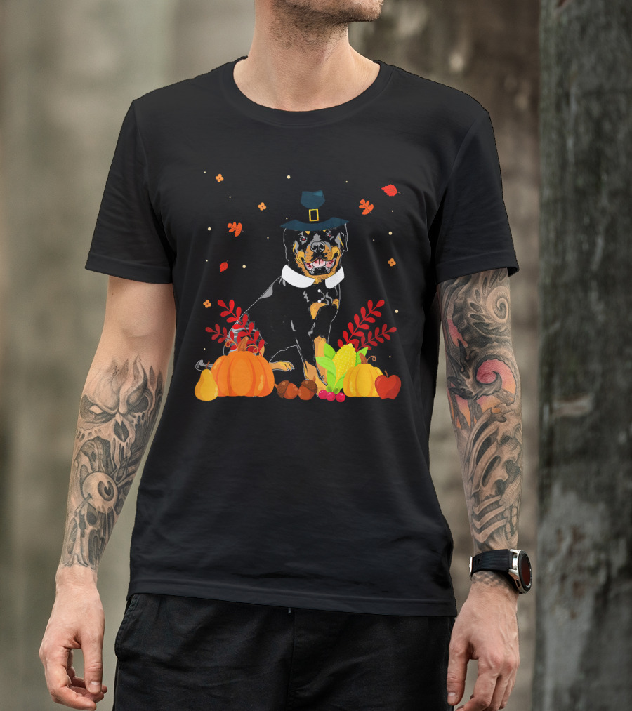 Rottweiler Thanksgiving Pilgrim Hat Harvest Pumpkins T-Shirt