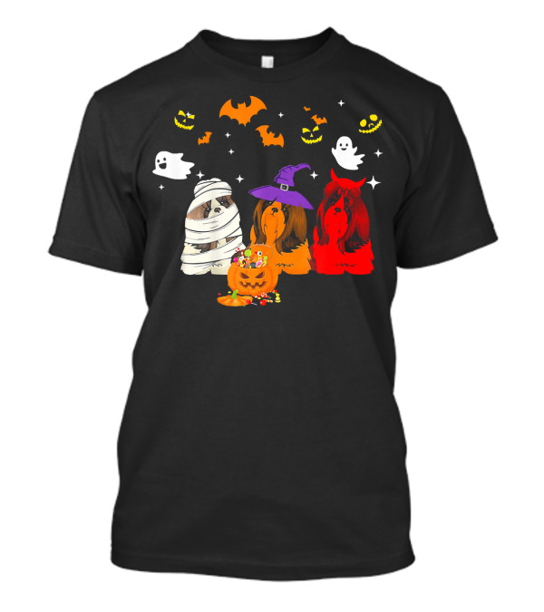 Three Shih Tzu Dogs Halloween Mummy Witch Costume Party T-Shirt