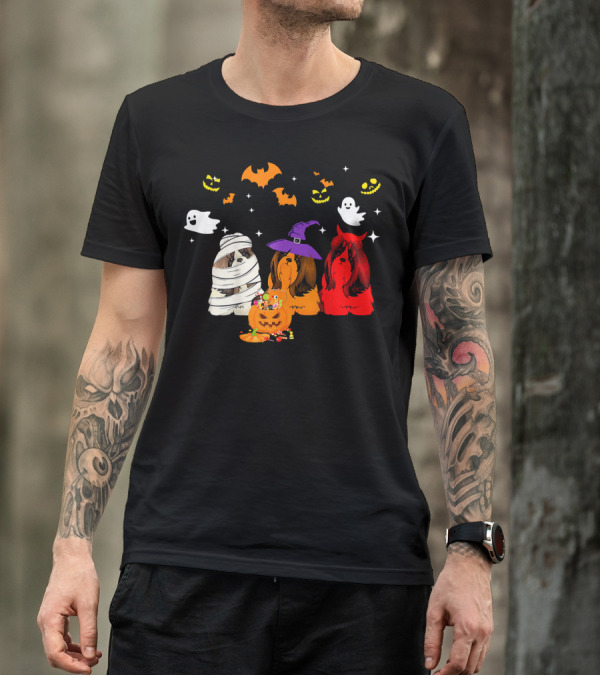 Three Shih Tzu Dogs Halloween Mummy Witch Costume Party T-Shirt