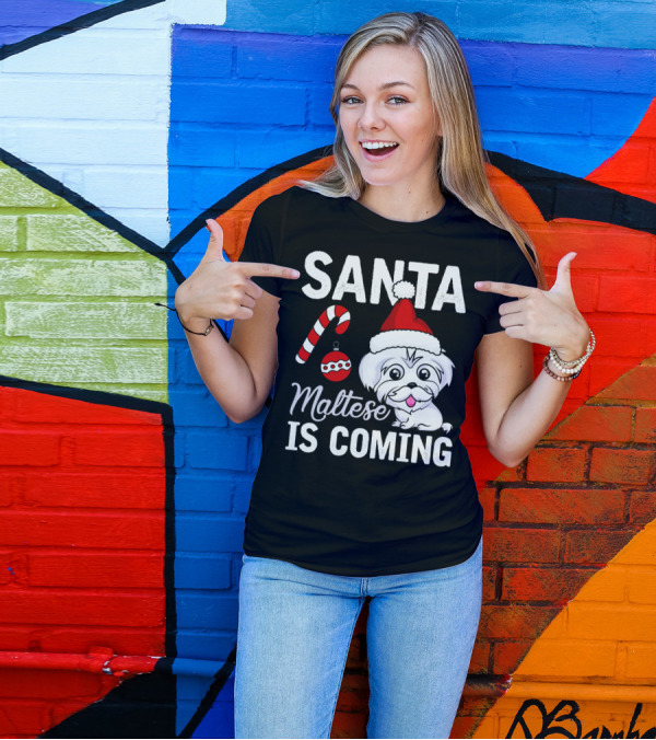 Santa Maltese Is Coming Christmas Puppy Santa Hat Candy Cane T-Shirt