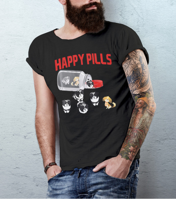 Shih Tzu Happy Pills Funny Medicine Dogs In A Bottle T-Shirt