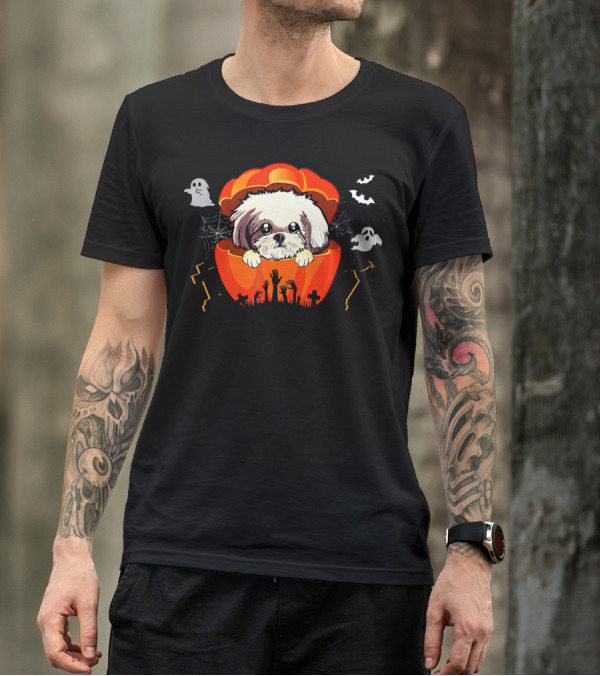 Shih Tzu Dog Inside Pumpkin With Ghosts And Bats Halloween Costum T-Shirt