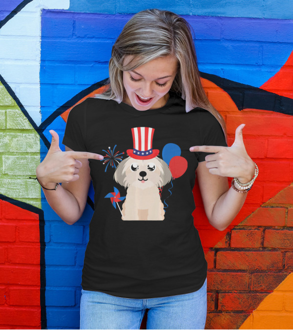 Shih Tzu Dog In Uncle Sam Hat With Fireworks And Balloons For 4th Of July T-Shirt