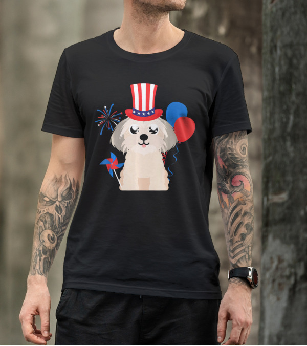 Shih Tzu Dog In Uncle Sam Hat With Fireworks And Balloons For 4th Of July T-Shirt