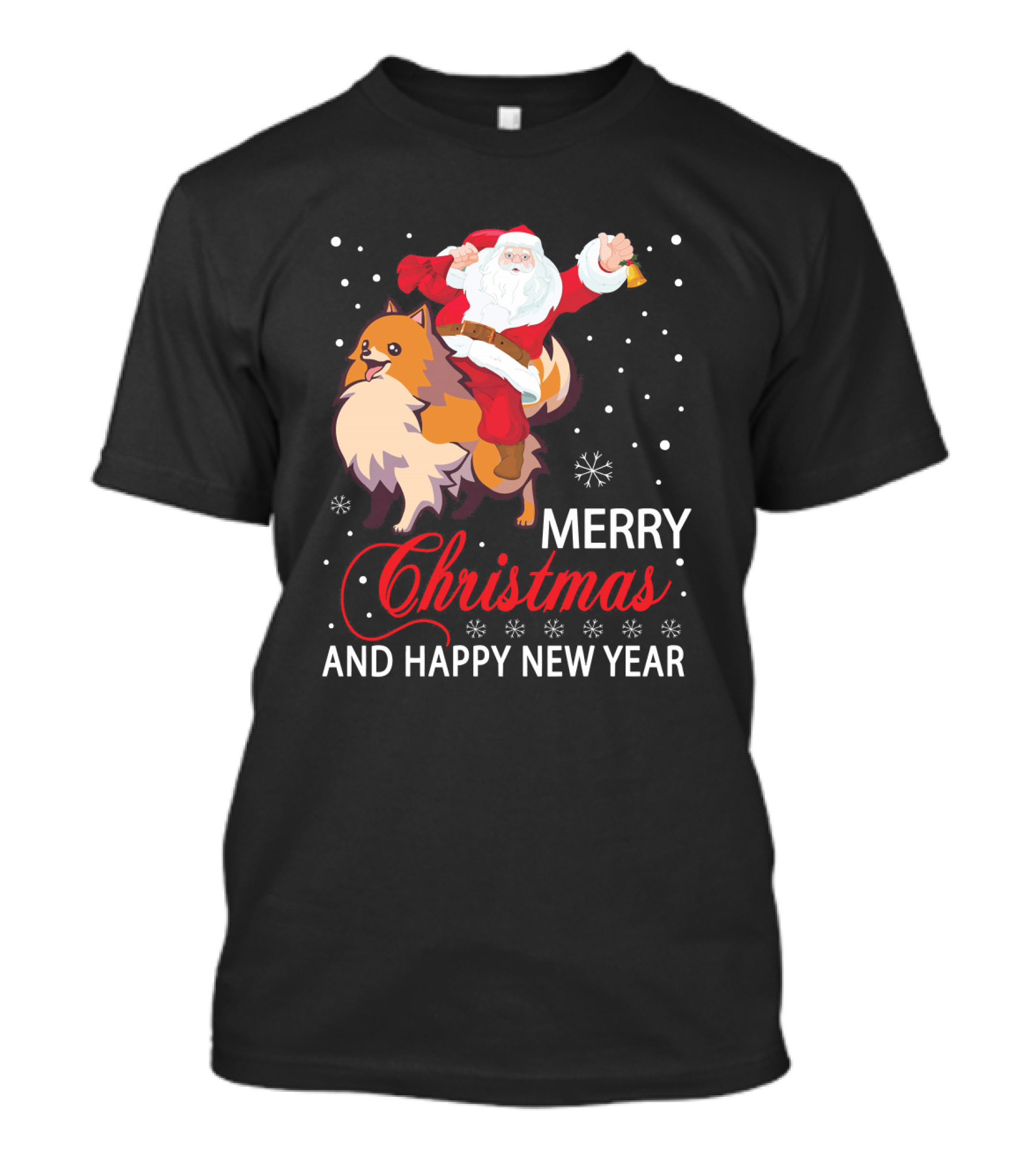 Santa Riding Pomeranian Merry Christmas And Happy New Year T-Shirt