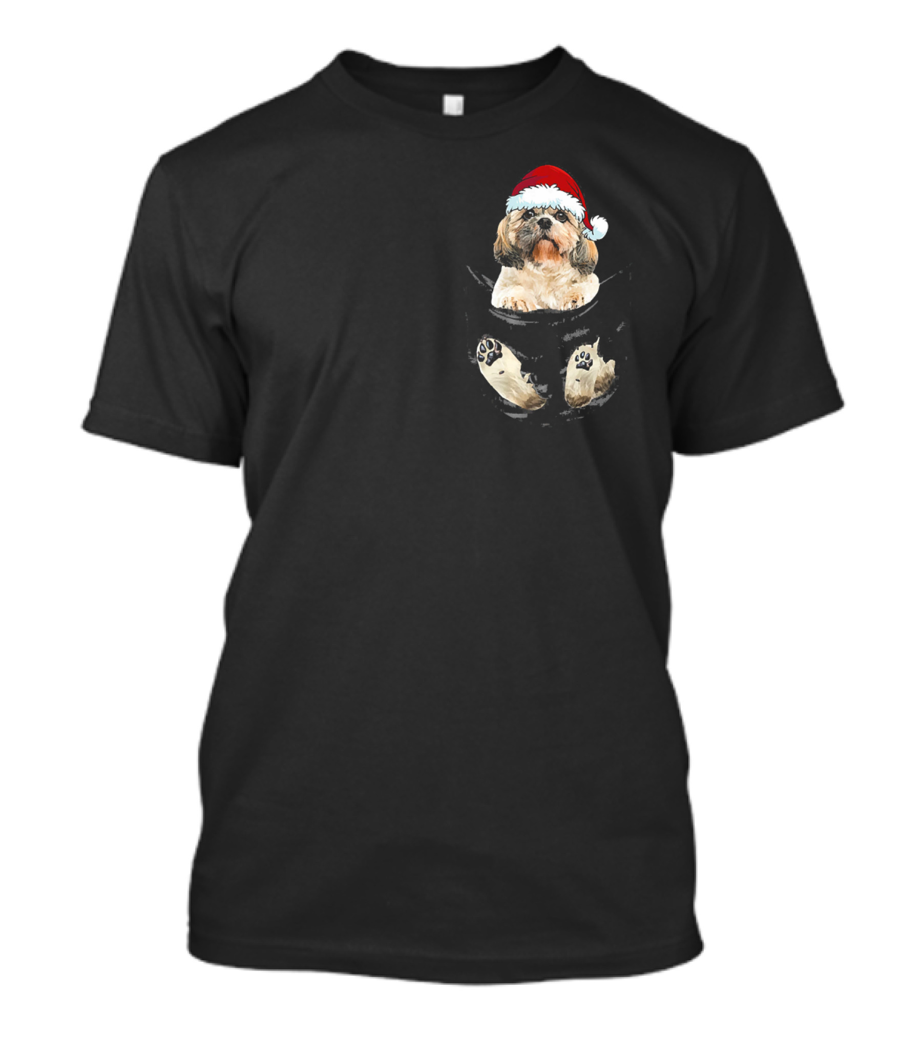 Shih Tzu In Santa Hat Inside Pocket With Paw Prints T-Shirt