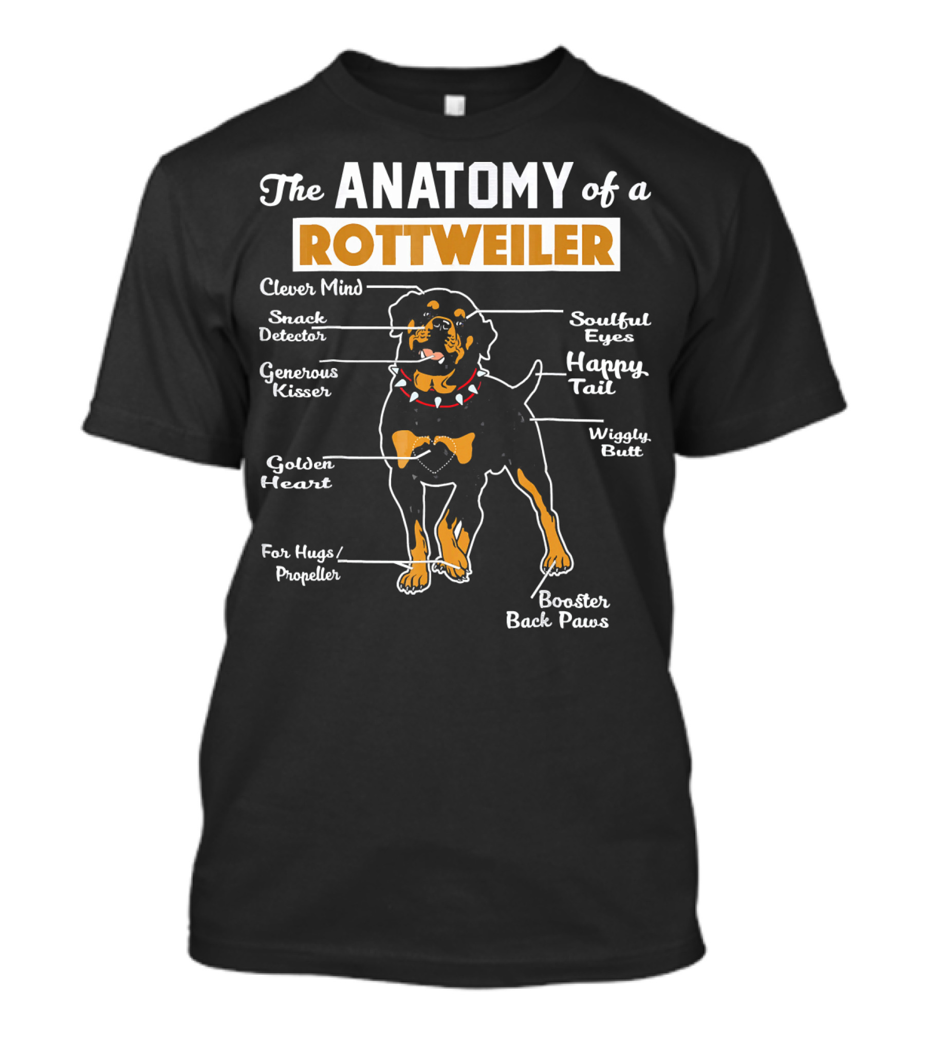 The Anatomy Of A Rottweiler Clever Mind Snack Detector Generous Kisser Golden Heart For Hugs Propeller Soulful Eyes Happy Tail Wiggly Butt Booster Back Paws T-Shirt
