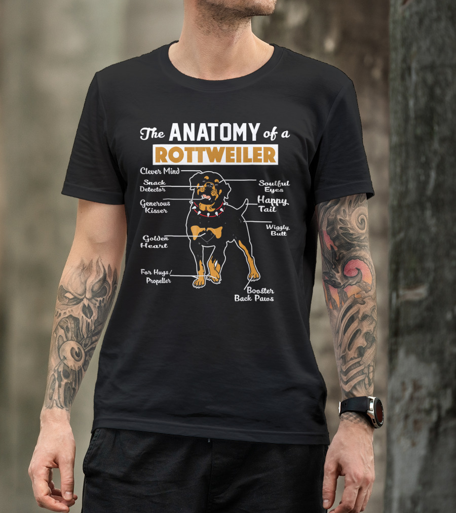 The Anatomy Of A Rottweiler Clever Mind Snack Detector Generous Kisser Golden Heart For Hugs Propeller Soulful Eyes Happy Tail Wiggly Butt Booster Back Paws T-Shirt