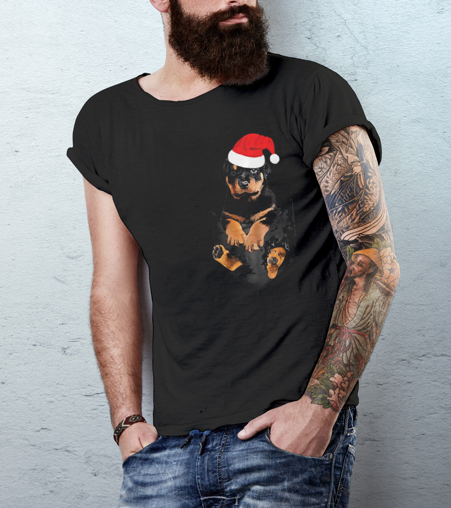 Rottweiler In Pocket Christmas Santa Hat T-Shirt