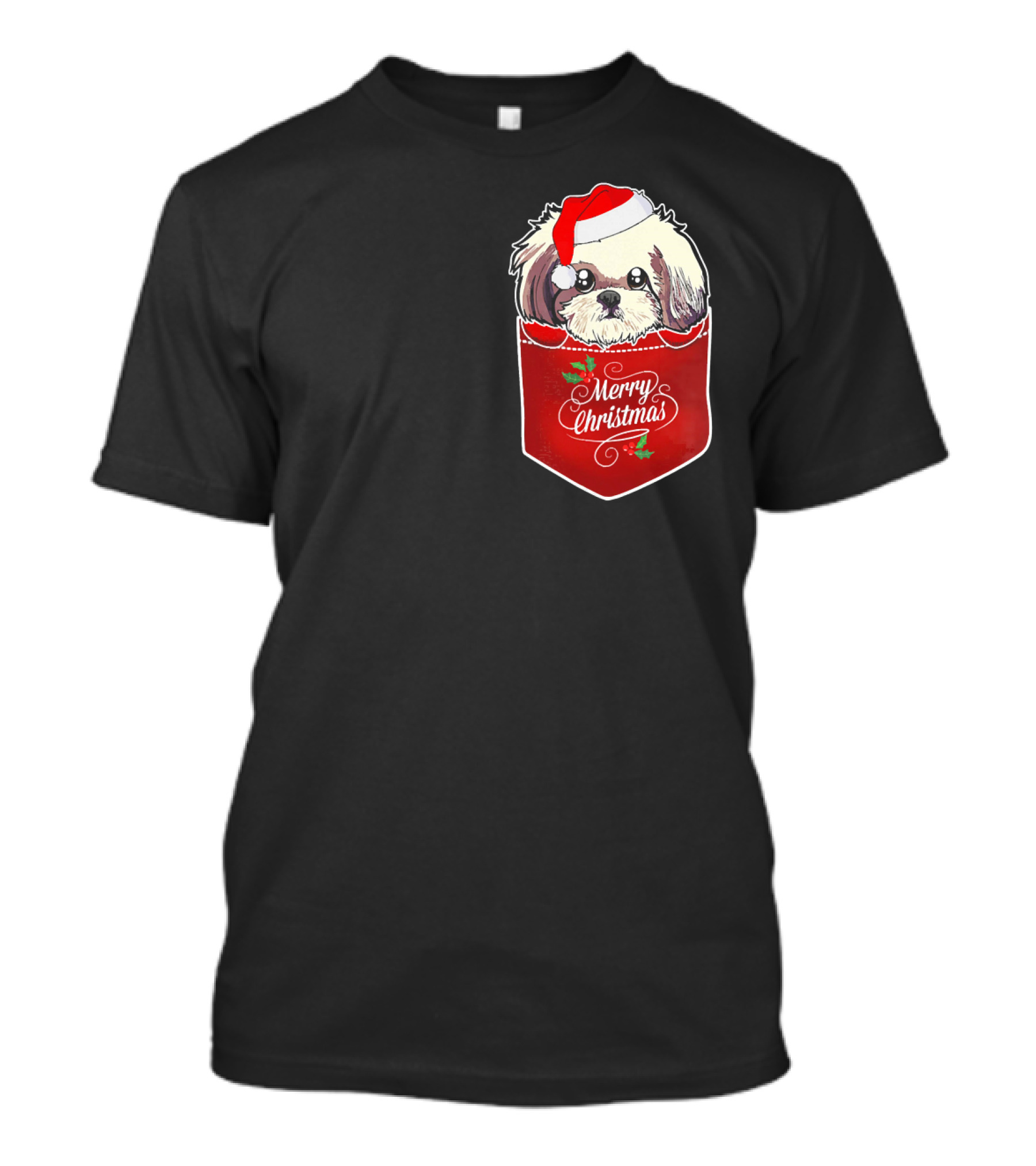 Merry Christmas Shih Tzu With Santa Hat In Pocket T-Shirt