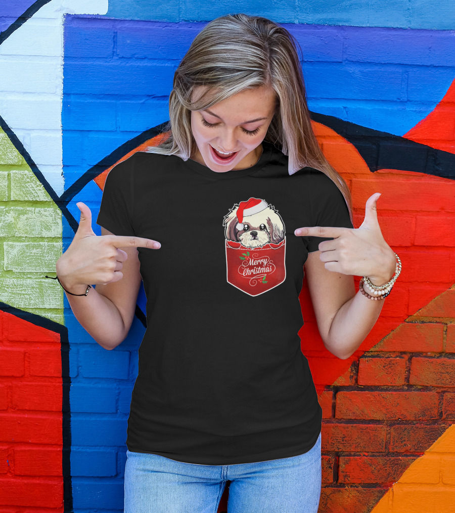 Merry Christmas Shih Tzu With Santa Hat In Pocket T-Shirt