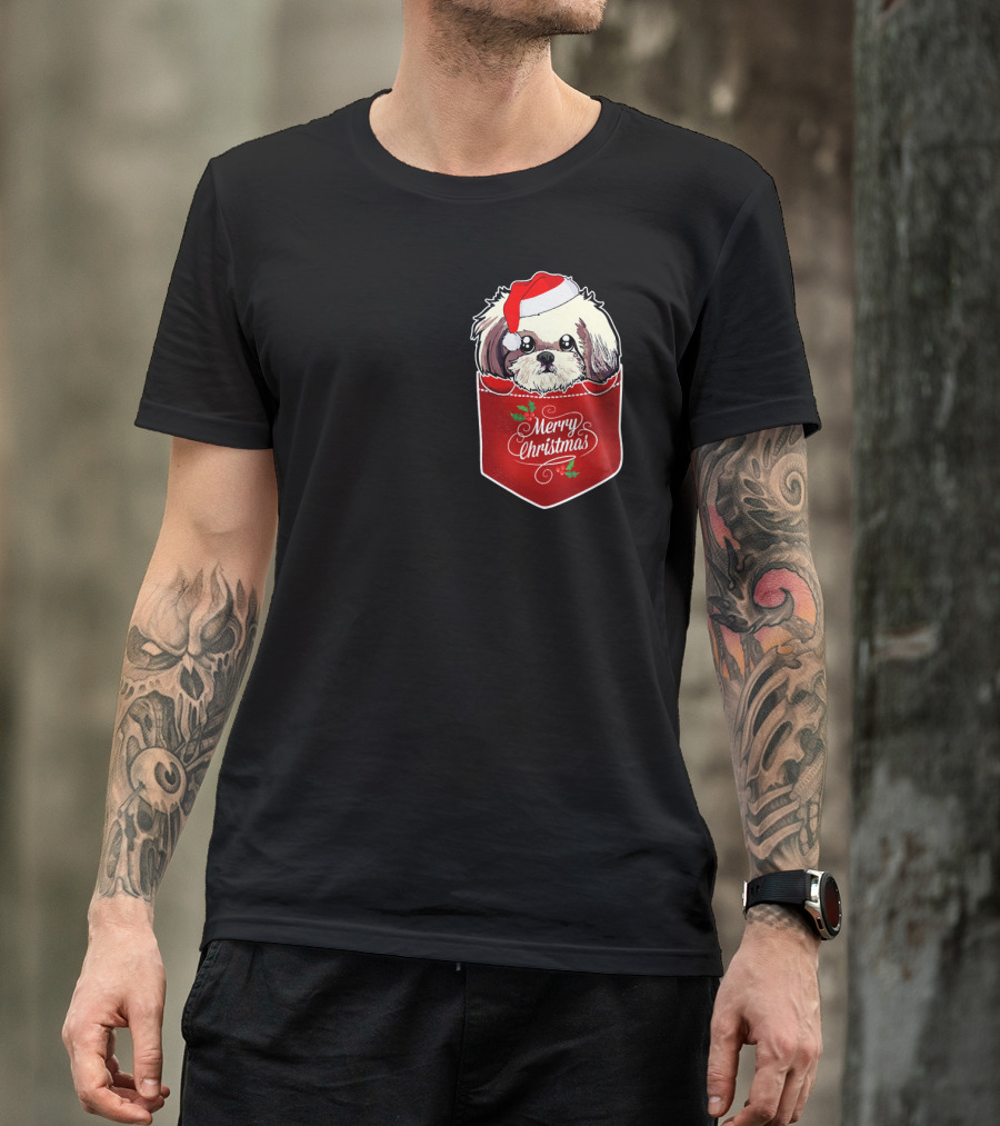 Merry Christmas Shih Tzu With Santa Hat In Pocket T-Shirt