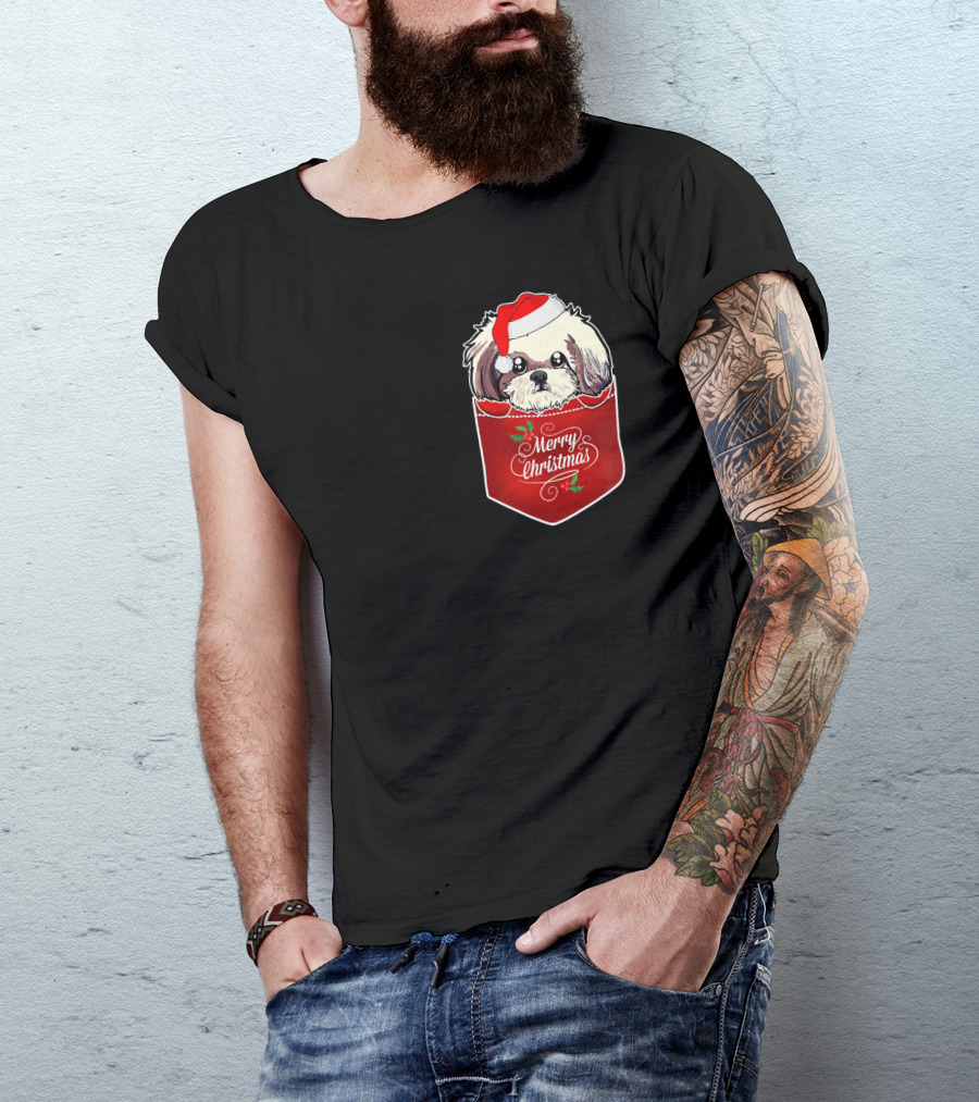 Merry Christmas Shih Tzu With Santa Hat In Pocket T-Shirt