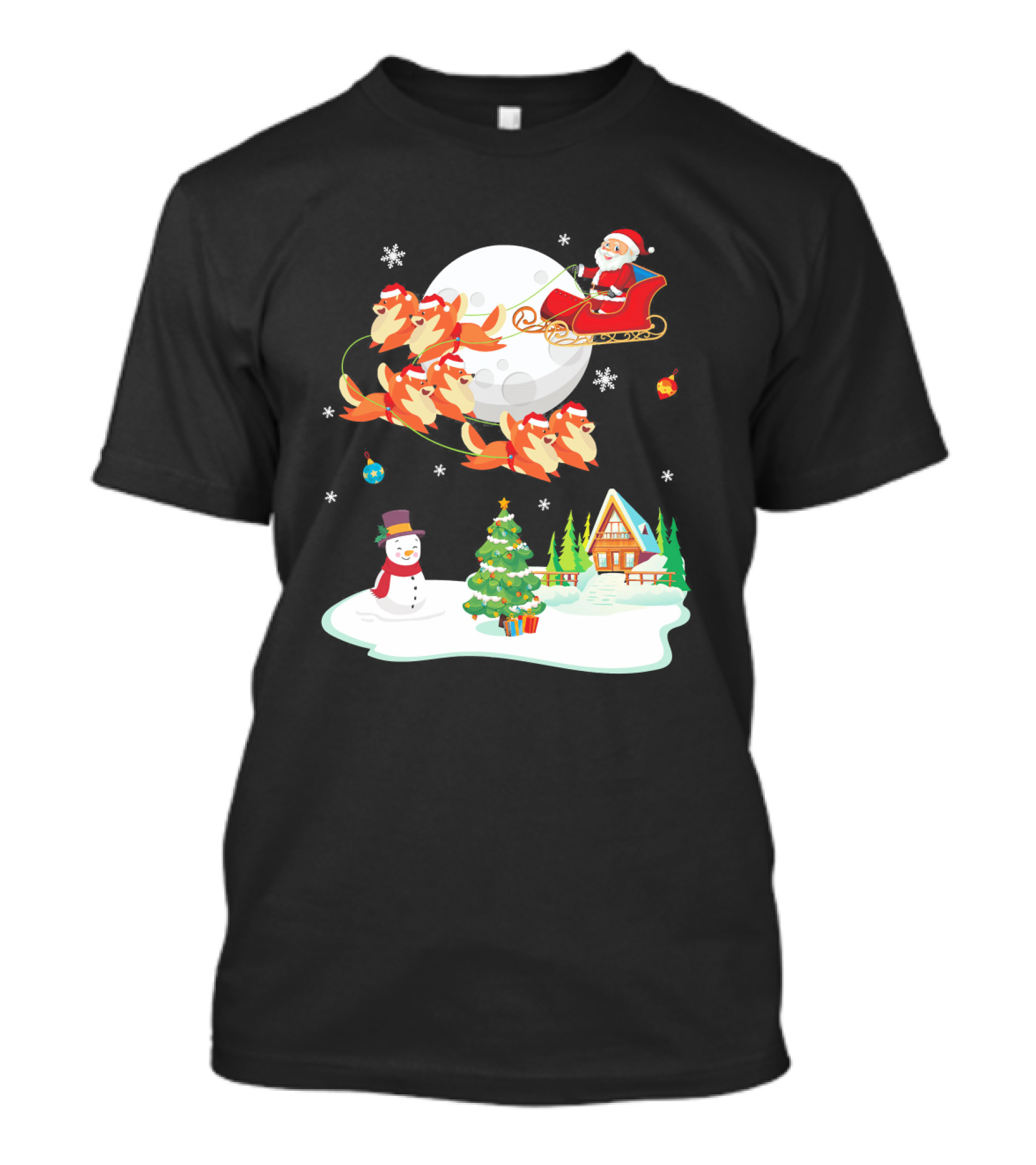 Santa Sleigh With Pomeranian Reindeer Snowman By Christmas Tree Scene T-Shirt