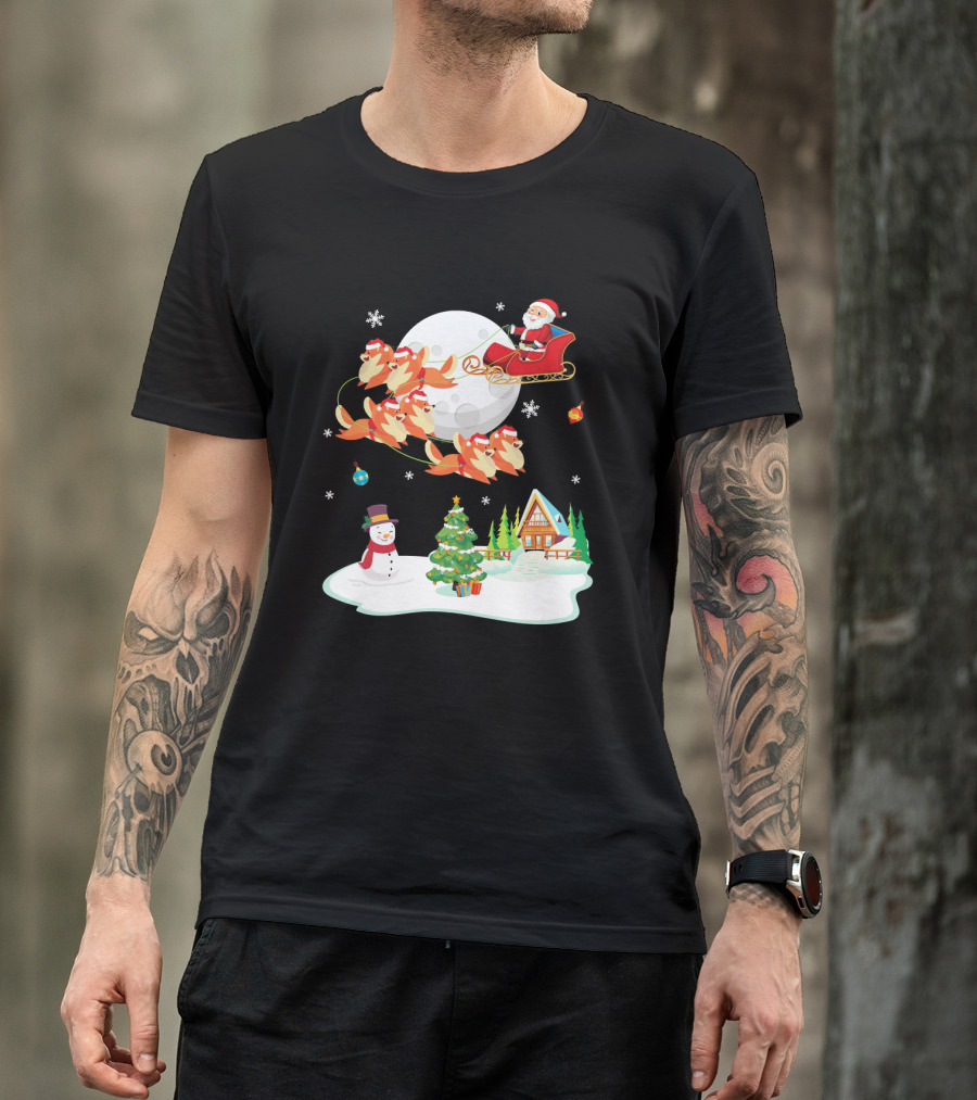 Santa Sleigh With Pomeranian Reindeer Snowman By Christmas Tree Scene T-Shirt