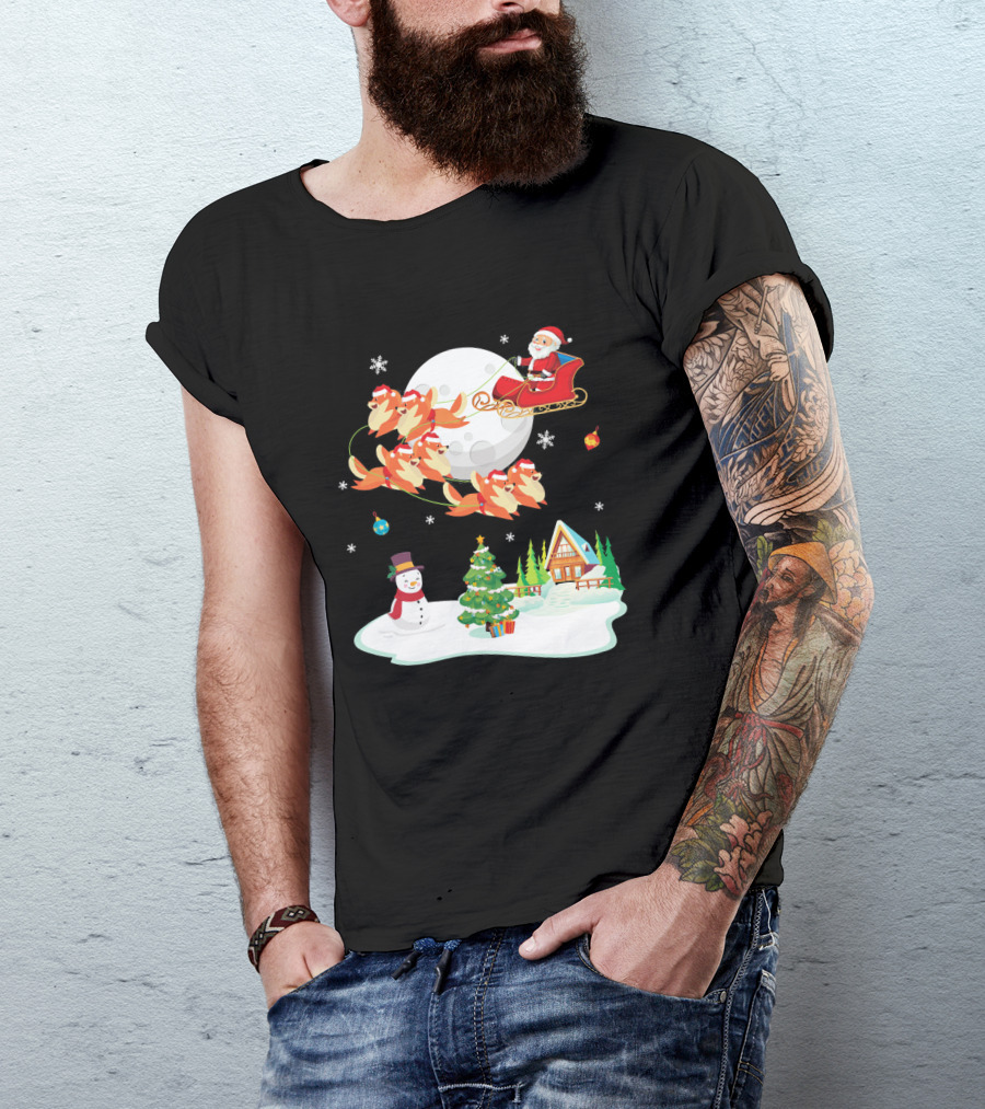 Santa Sleigh With Pomeranian Reindeer Snowman By Christmas Tree Scene T-Shirt